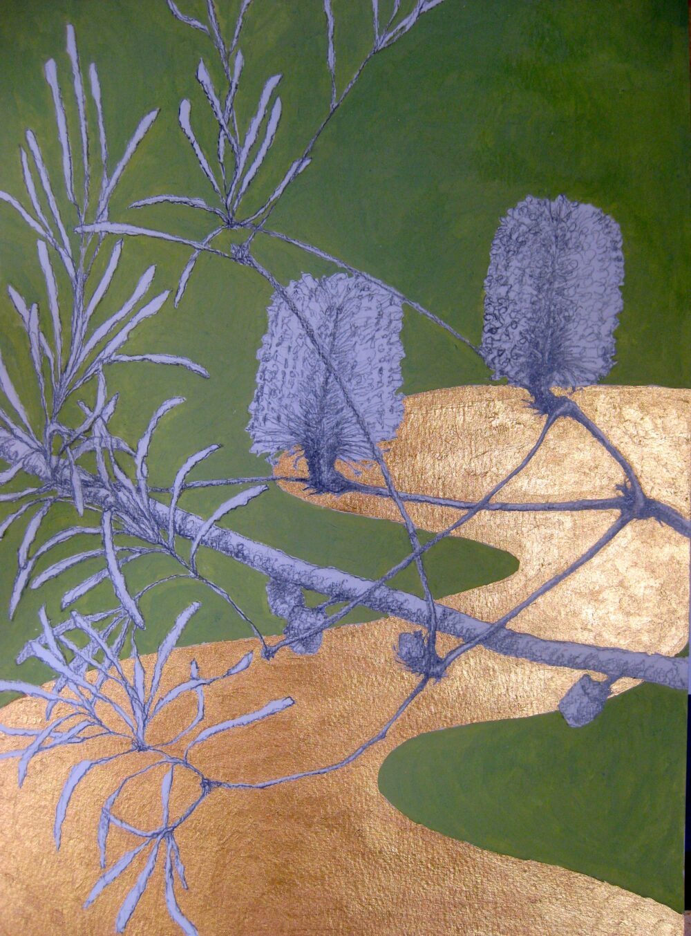 Rinpa, Japanese inspired, drawing, painting, gouache, acrylic, Banksias