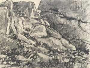 Rock Wall in the Hidden Valley Charcoal on grey pastel paper. (Framed size 28 x 37cm) $90.00