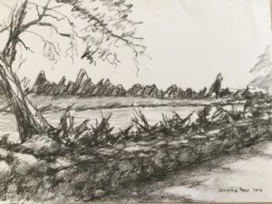 Walking to the village of Aureille. Charcoal on paper. (Framed size 37 x 49cm) $100.00