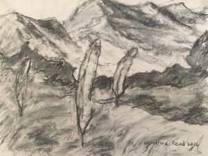 View from Ateliers Four Winds with Ursula Hanes' sculptures. Charcoal on grey pastel paper. (Framed size 28 x 37cm) $90.00