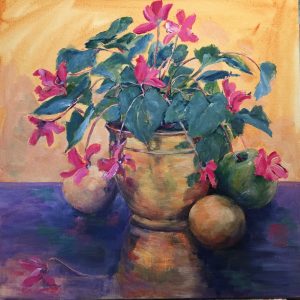 Demonstration painting from Art Retreat - Cyclamen in a Brass Bowl