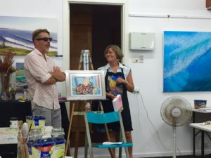 Christine Read with Angus McDonald at the workshop on acrylic and gouache.