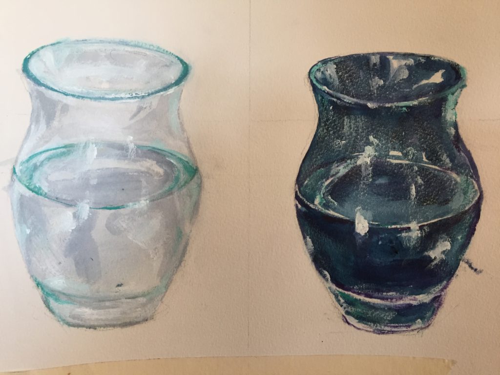 Study for a class on painting water - a transparent and a blue vase for comparison.