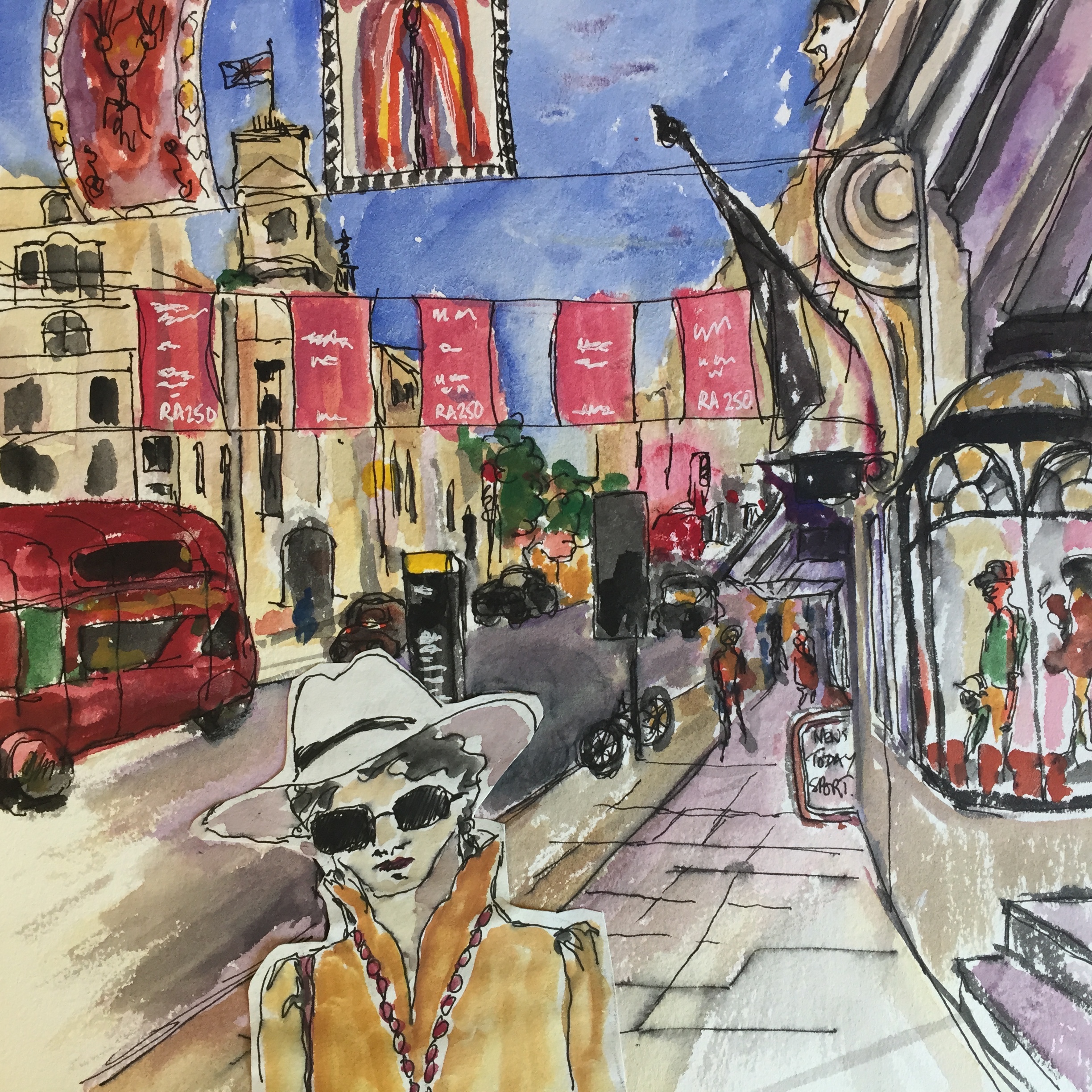 Piccadilly, London - gouache and pen on paper, framed 30 x 30cm [SOLD]